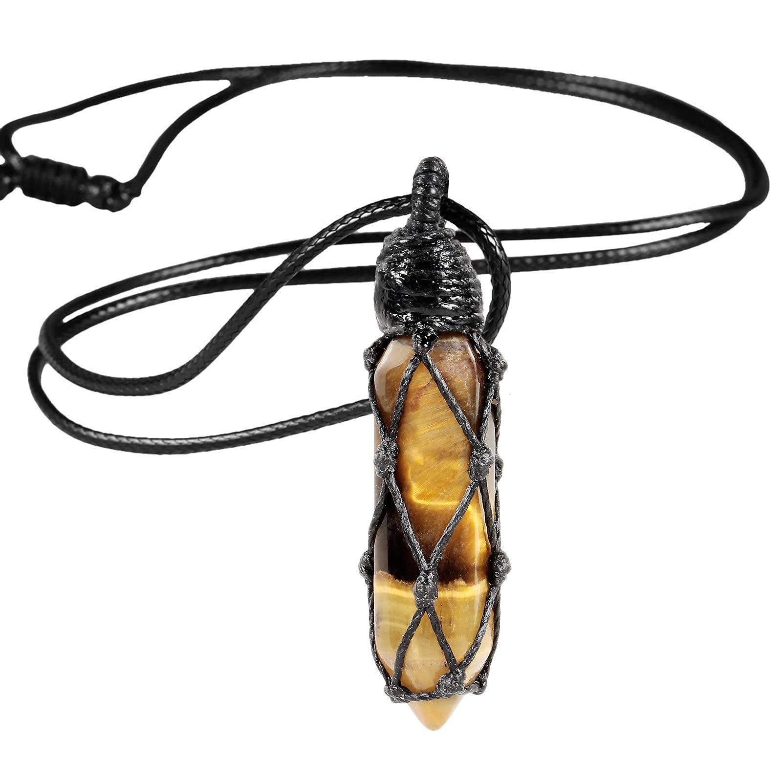 Nupuyai Tiger's Eye Hexagonal Quartz Crystal Point Pendant Necklace for Women Men Natural Wrapped Stone Pendulum Pendant with Adjustable Rope 65cm