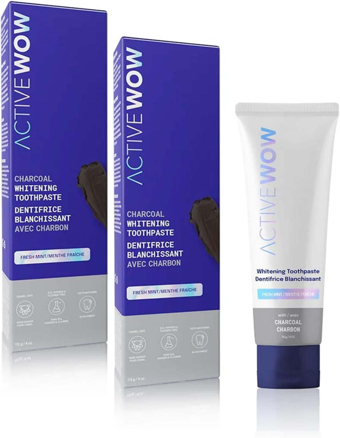 Active Wow Activated Charcoal Toothpaste - Charcoal Toothpaste for Whitening, Charcoal Teeth Whitening, Made with Organic Coconut Oil & Xylitol, Charcoal Activated Toothpaste (4 Ounce (Pack of 2))