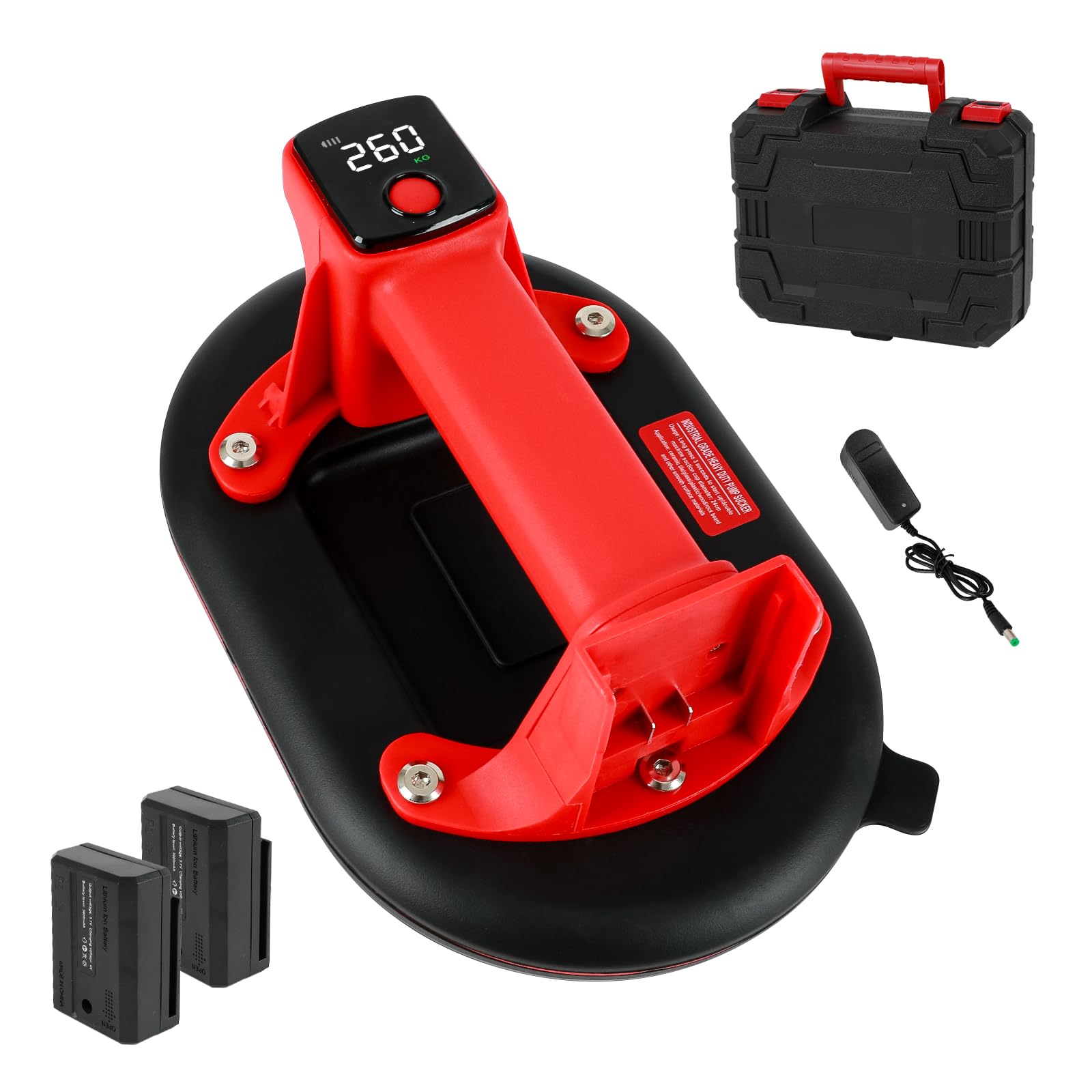 Ventosa a batteria, 260 kg, sollevatore a vuoto da 24 cm, con 2 x 3000 mAh batterie, con display LCD, ventosa per vetro per sollevare piastrelle, granito, specchi, lastre (EU)