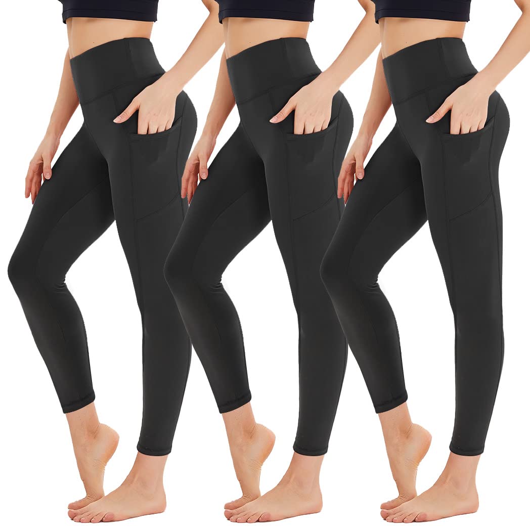 HIGHDAYS Confezione da 3 leggings foderati in pile da donna con tasche, per controllo della pancia, termici, caldi, per yoga, taglie forti S/M-4XL