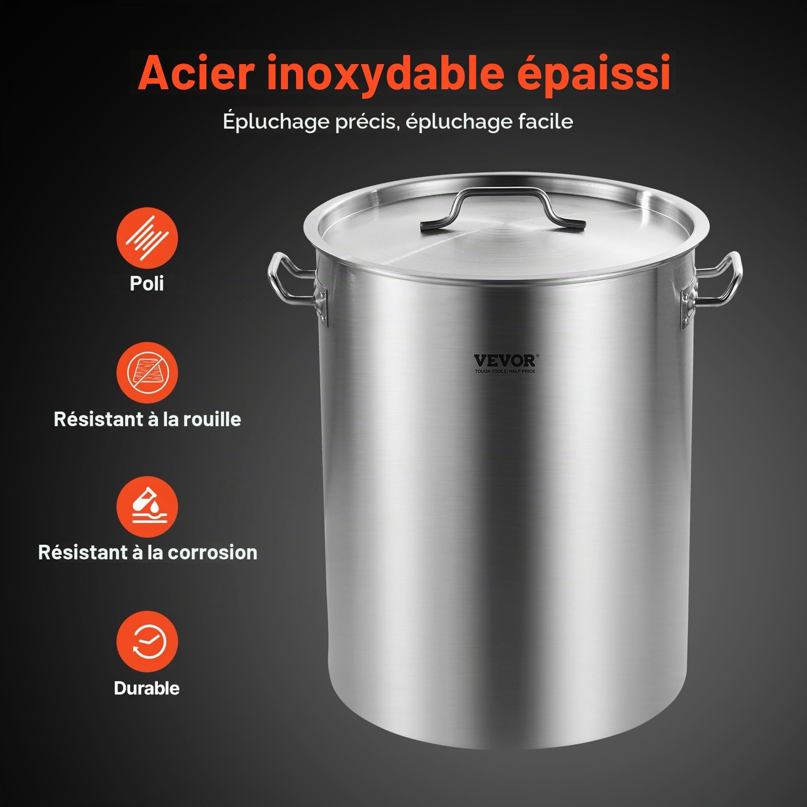 VEVOR Marmite en Acier Inoxydable 34 L avec Panier, Couvercle et Poignée, Faitout de Qualité Commerciale, Pot de Cuisson avec Traitement de Ponçage, Marmite Traiteur pour Grands Événements, Argent