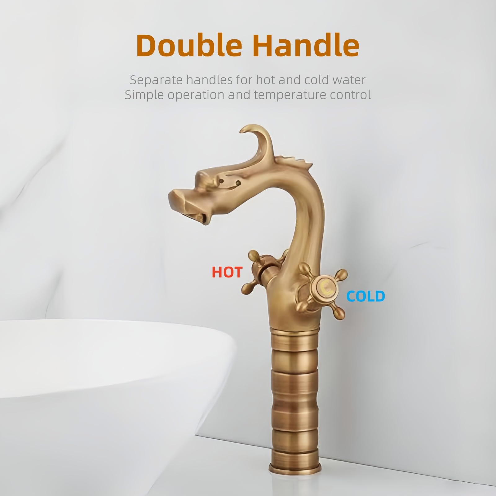 Grifo de Lavabo Alto Latón Antiguo, Doble Manija Vintage Mezclador de Baño Bronce, Cabeza de Dragón Grifos de Baño Lavabo, Retro Grifo Mezclador de Agua Caliente y Fría (33 cm)