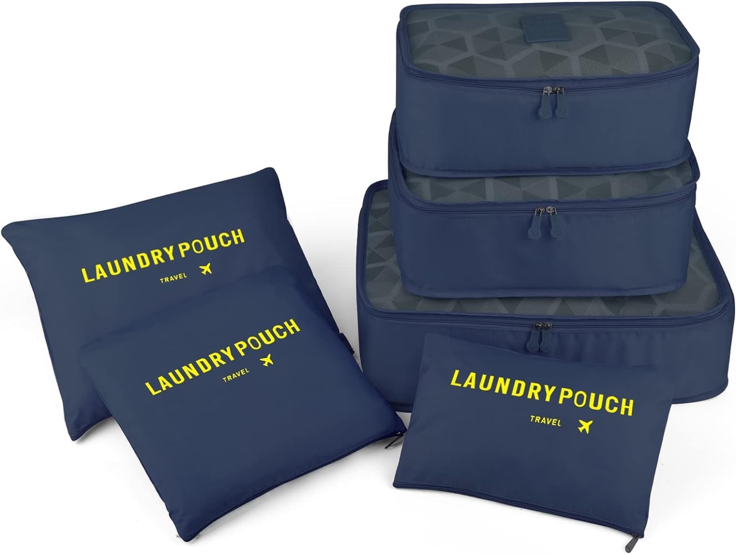 McMola Packing Cubes for Suitcases Travel Luggage Organiser Bags, 3 Packing Cube + 3 Laundry Bags for Backpack Clothes Storage Waterproof Large Medium Small 6 Set, Navy
