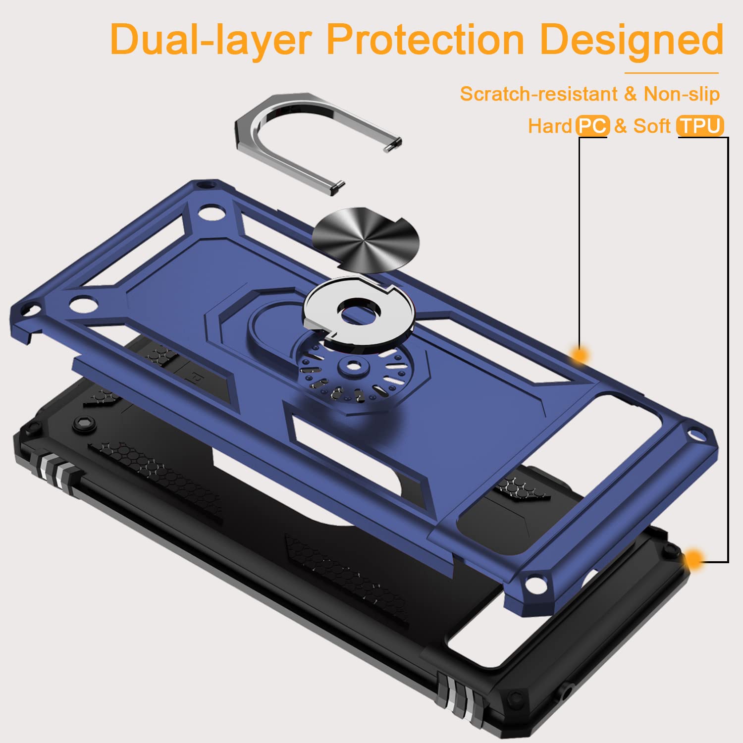 for Google Pixel 6a Case with Tempered Glass Screen Protector [2 Pack], Military-Grade Armor Shockproof Protective Phone Cover with Ring Magnetic Kickstand for Pixel 6a, Blue