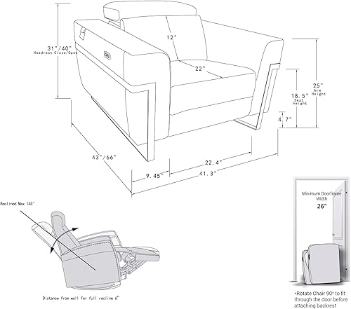 Miniatura 5 de Blackjack Furniture Siena Power - Sofá reclinable con puertos USB para cargar dispositivos, reposacabezas ajustables multiposición, diseño de