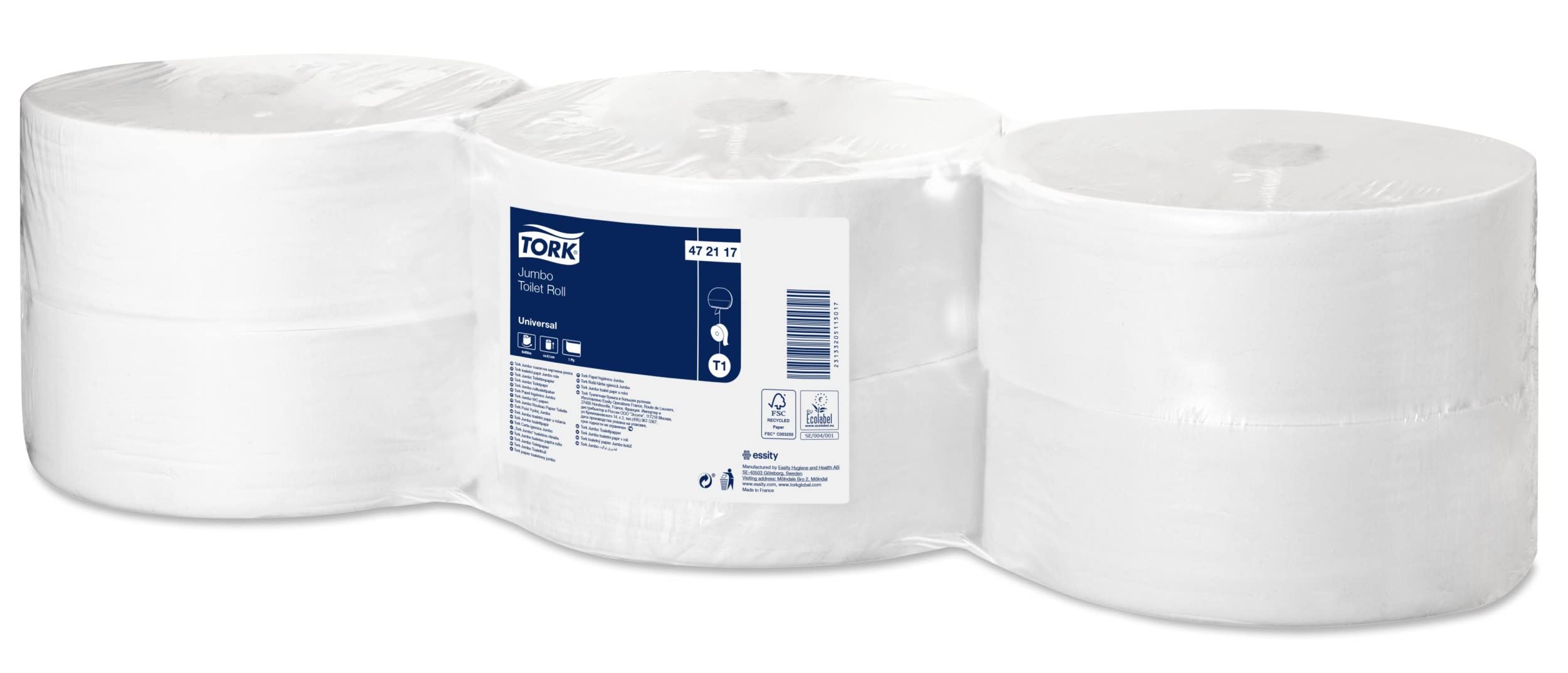 Tork 472117 Rollos de papel higiénico Jumbo de larga duración de 1 capa compatibles con el sistema higiénico Jumbo Tork T1, 6 rollos (6 x 3.250 hojas)