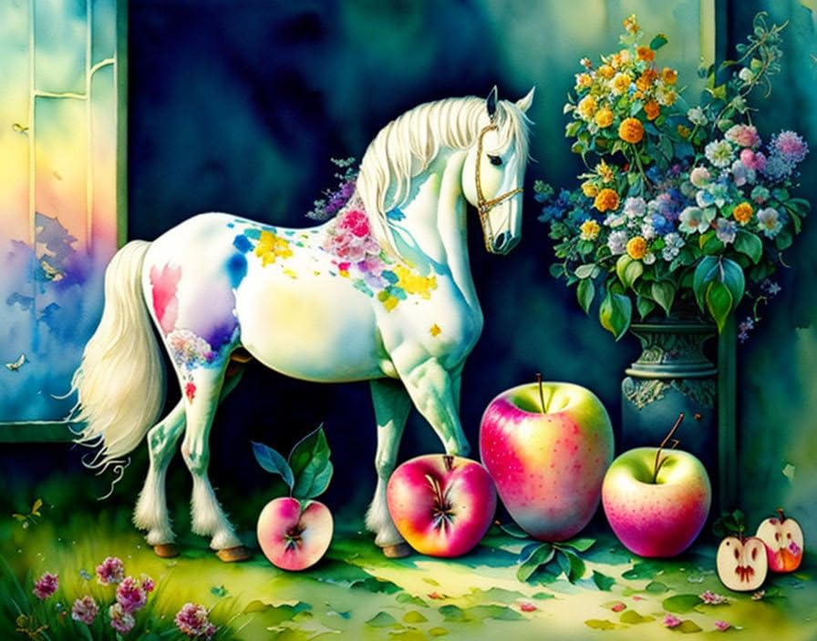 Affiches sur toile chevaux blancs décoration murale salon aquarelle 58x90