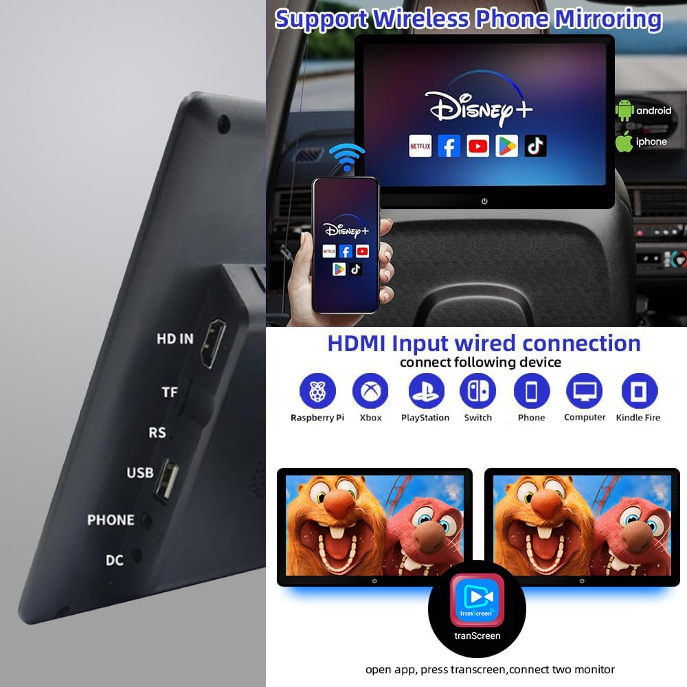 Przenośny monitor telewizyjny z systemem Android 12 10,1 cala na tylne siedzenie, tablet z ekranem dotykowym Wi-Fi, obsługa sterowania telefonem przez Bluetooth/USB/AV