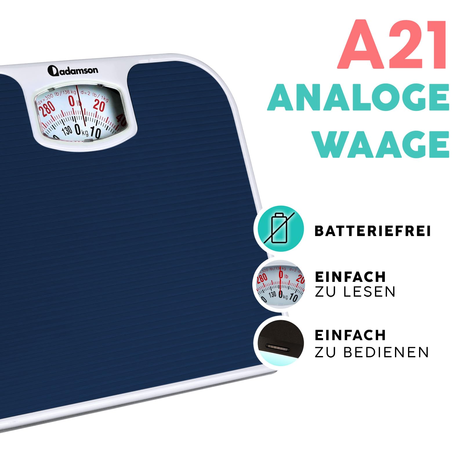 Adamson A21 Personenwaage Analog – bis zu 136 kg – Neu – Rutschfeste Gummioberfläche - Große Zahlen – Körperwaage Analog – Erschwinglich – Langlebig mit 20 Jahren Garantie - Blau