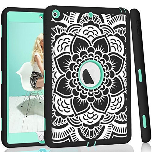 iPad case 9.7 2017 and 2018,PIXIU Heavy Duty Shockproof Full Body 3 Layer Defender Rubber Protective case Cover for iPad 5th Generation A1822 A1823 andiPad 6th A1893 A1954 Flower Black
