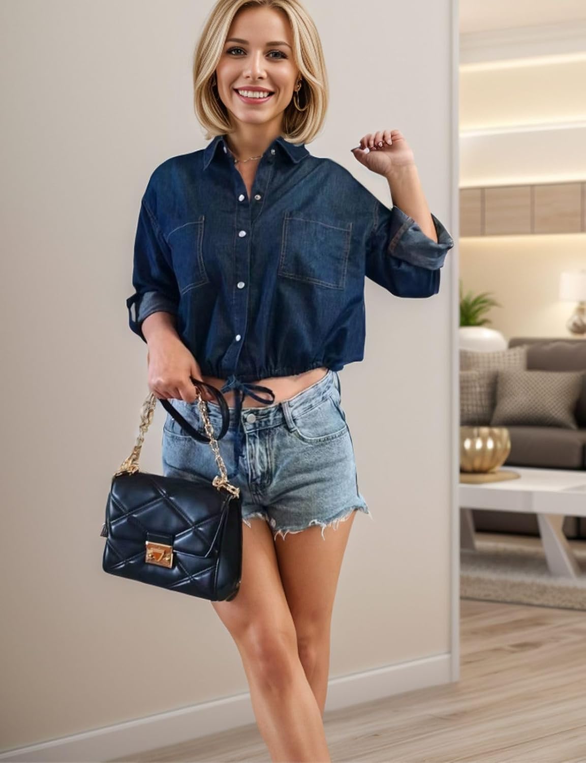 Kwoki Women's Cropped Denim Shirt Roll Up 3/4 Sleeve Casual Loose Crop Tops Drawstring Hem Button Front Jean Jacket - Image 6