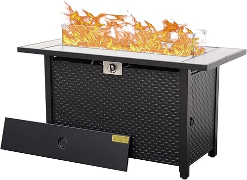 Miniatura 8 de WAROOM Fogata de propano, mesa de mimbre de polietileno para exteriores de 30 pulgadas con vidrio ignífugo y cubierta impermeable, para fiestas y