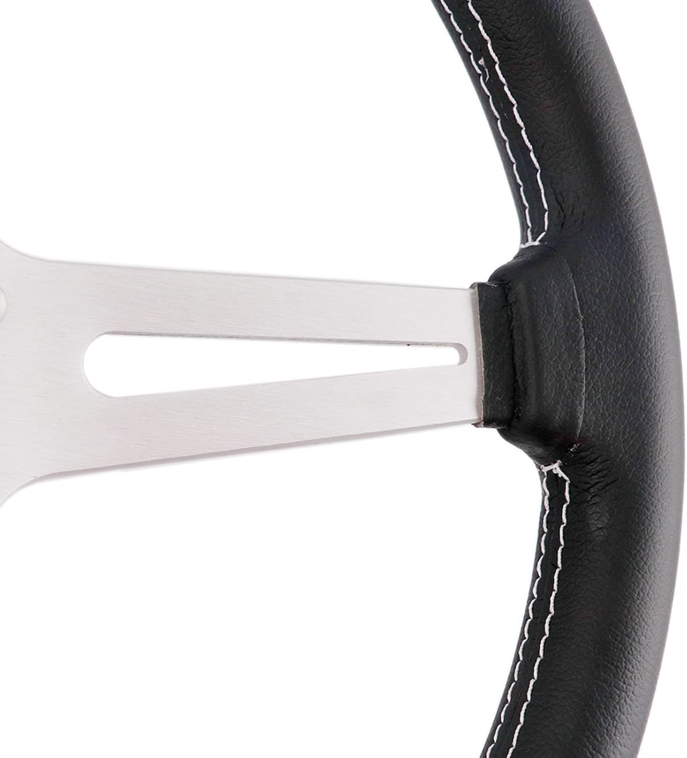 14 inch/350mm Genuine Leather Steering Wheel with Silver Spokes Flat Drift Racing Steering Wheel White Stitching