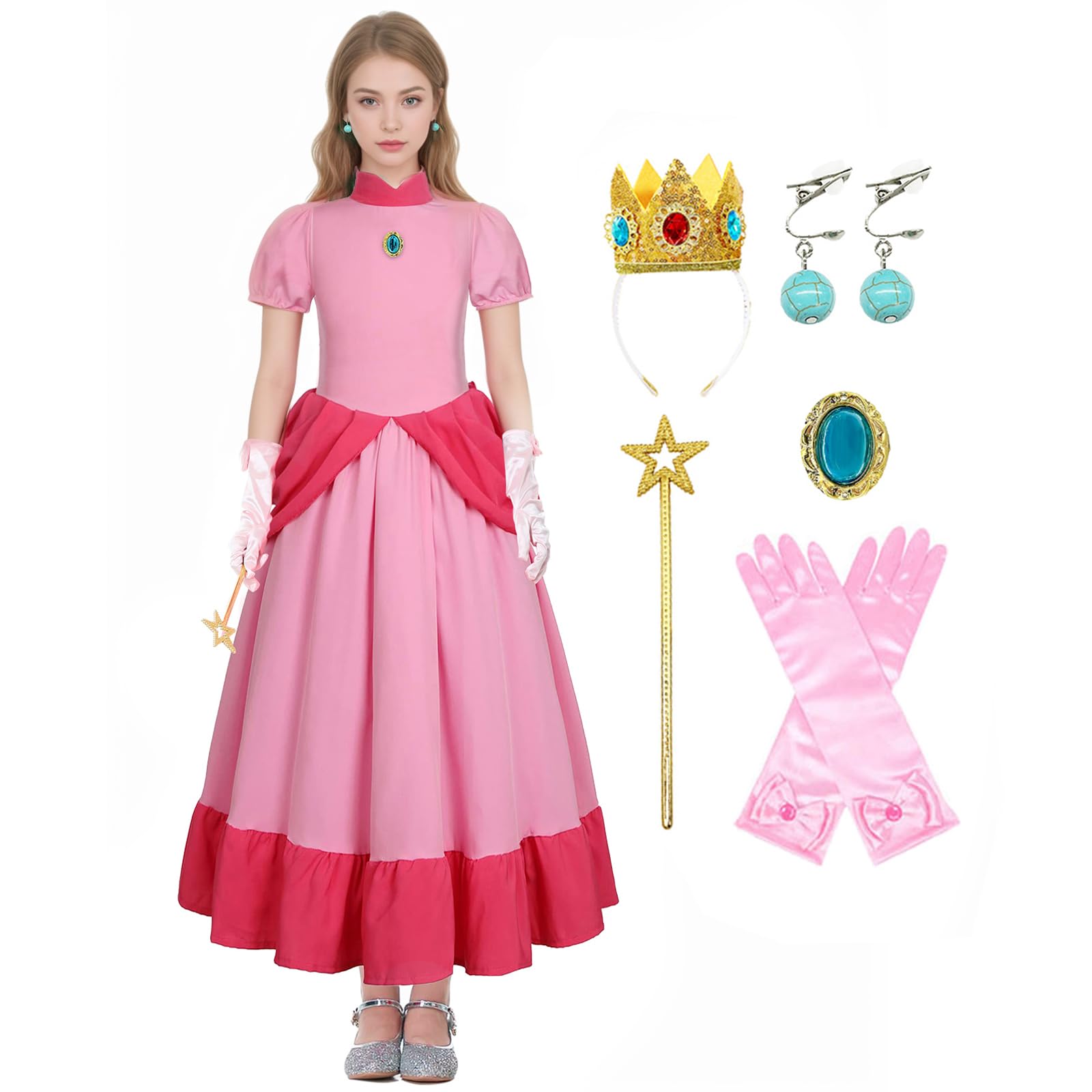 Peach Disfraz para Mujer Peach Princesa Vestido con Accesorios Peach Difraces Cosplay Costume para Halloween Navidad Carnaval