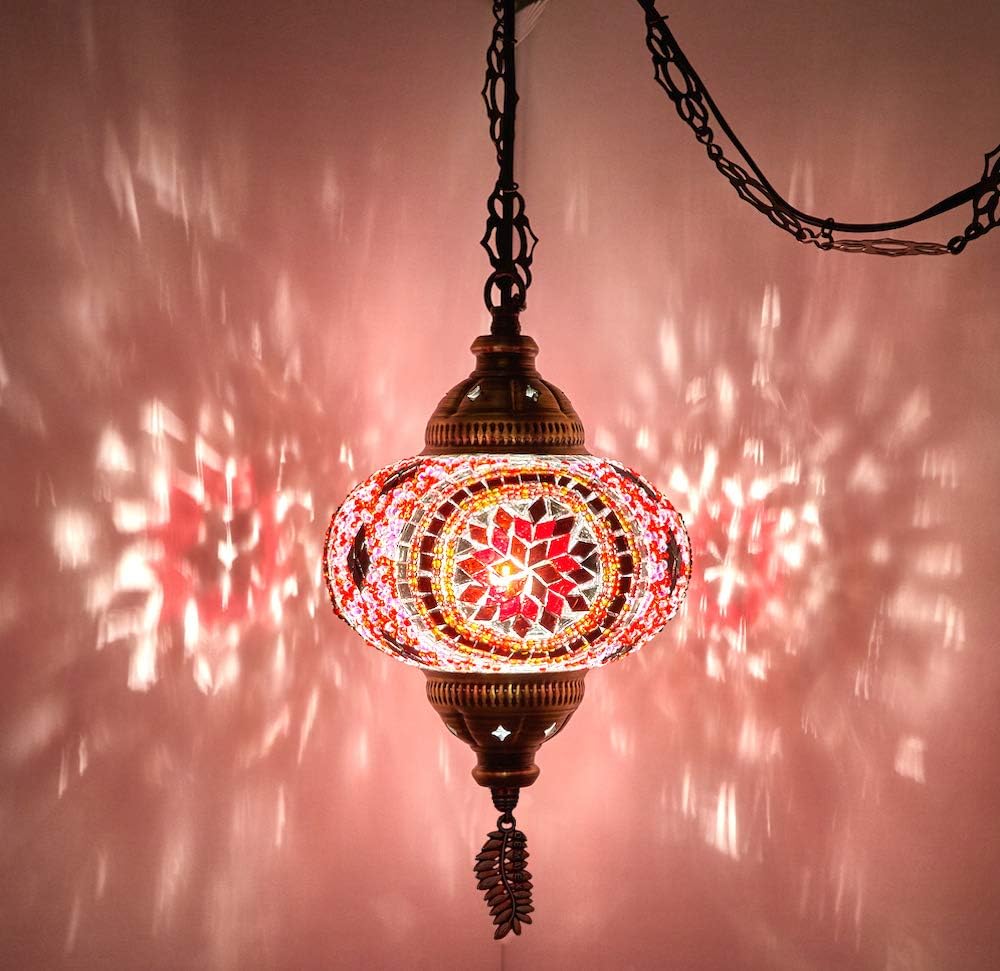 (8 Colors) DEMMEX Turkish Moroccan Mosaic Swag Plug in Pendant Ceiling Hanging Light with 15feet Cord Decorated Chain & North American Plug (Pink/Red - 6" Diameter