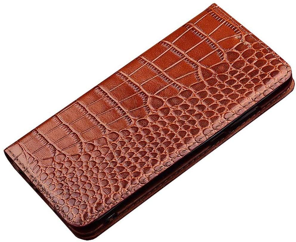 Funda de cuero premium para iPhone 12 Mini con tapa de cocodrilo y cierre magnético marrón
