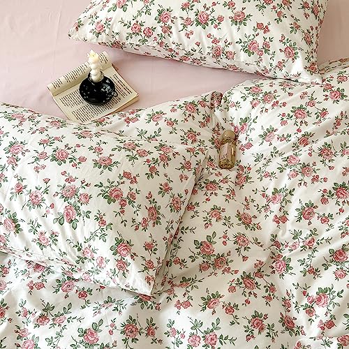 VM VOUGEMARKET Peach Blossom Bedding Set King Chic Pink Floral Duvet Cover with Zipper Closure 100% Cotton Girls Aesthetic Botanical Comforter Cover Set(3 pcs,104x90)