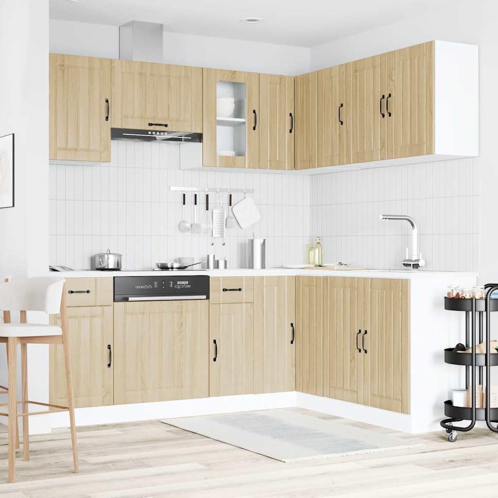 Set di 11 mobili da cucina Kalmar Sonoma in legno di quercia Sonoma con ampio spazio di archiviazione, piedini regolabili, mobiletto sottopensile, armadio angolare, pannello per