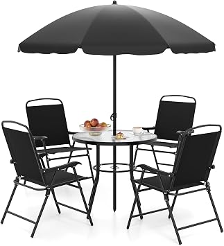 COSTWAY 6 Piece Garden Furniture Sets with Parasol, Patio Dining Set with 4 Folding Chairs & Tempered Glass Table, Outdoor Table and Chairs Set for Balcony Poolside Black, 75kg Table, 160kg Chair