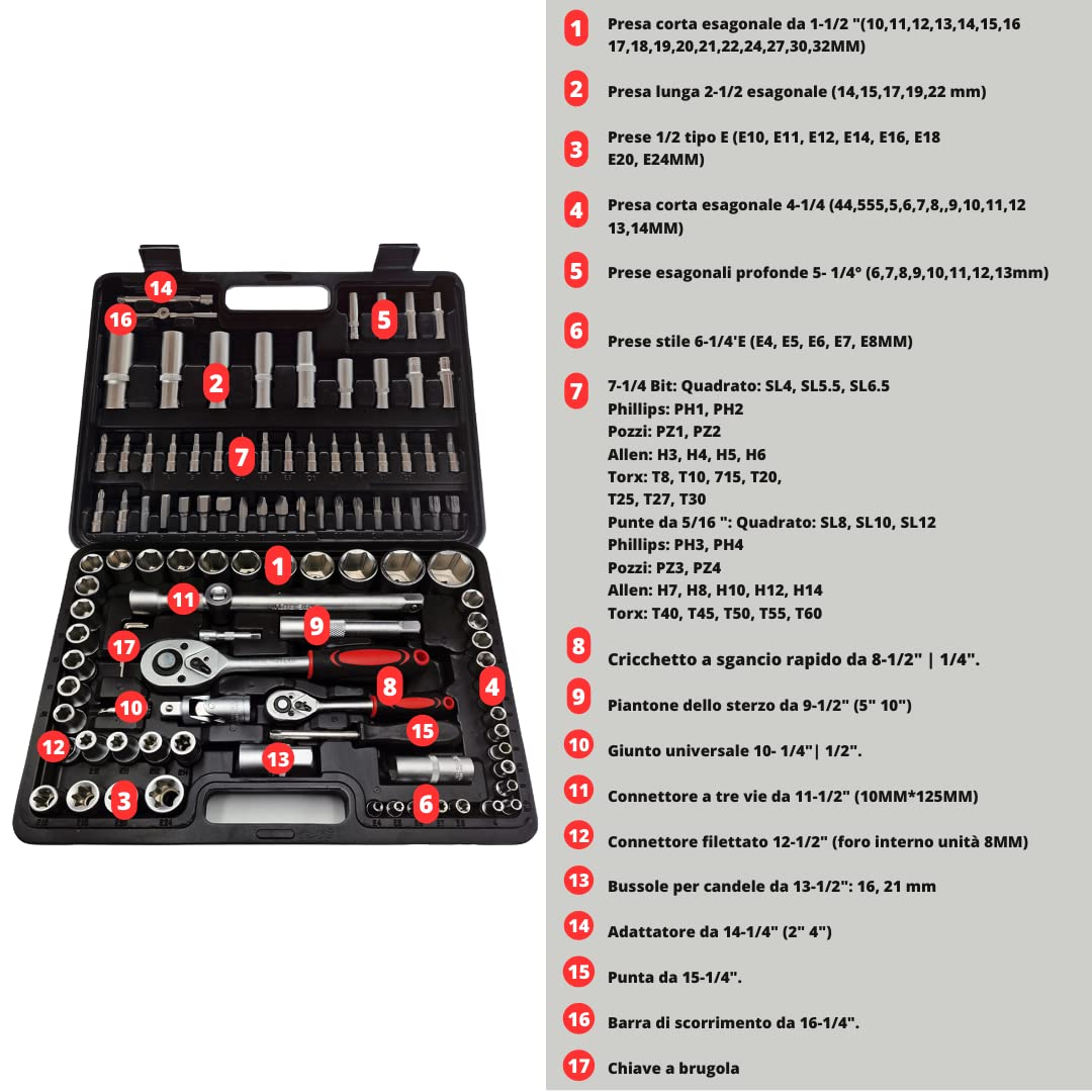 MAKA Valigetta Porta Attrezzi a Bussola Esagonali Professionale 108 Cricchetto Reversibile Pezzi Chiavi Inserti Avvitatori a Snodo Acciaio al Cromo Vanadio Punta Adattatore (108 Pezzi)