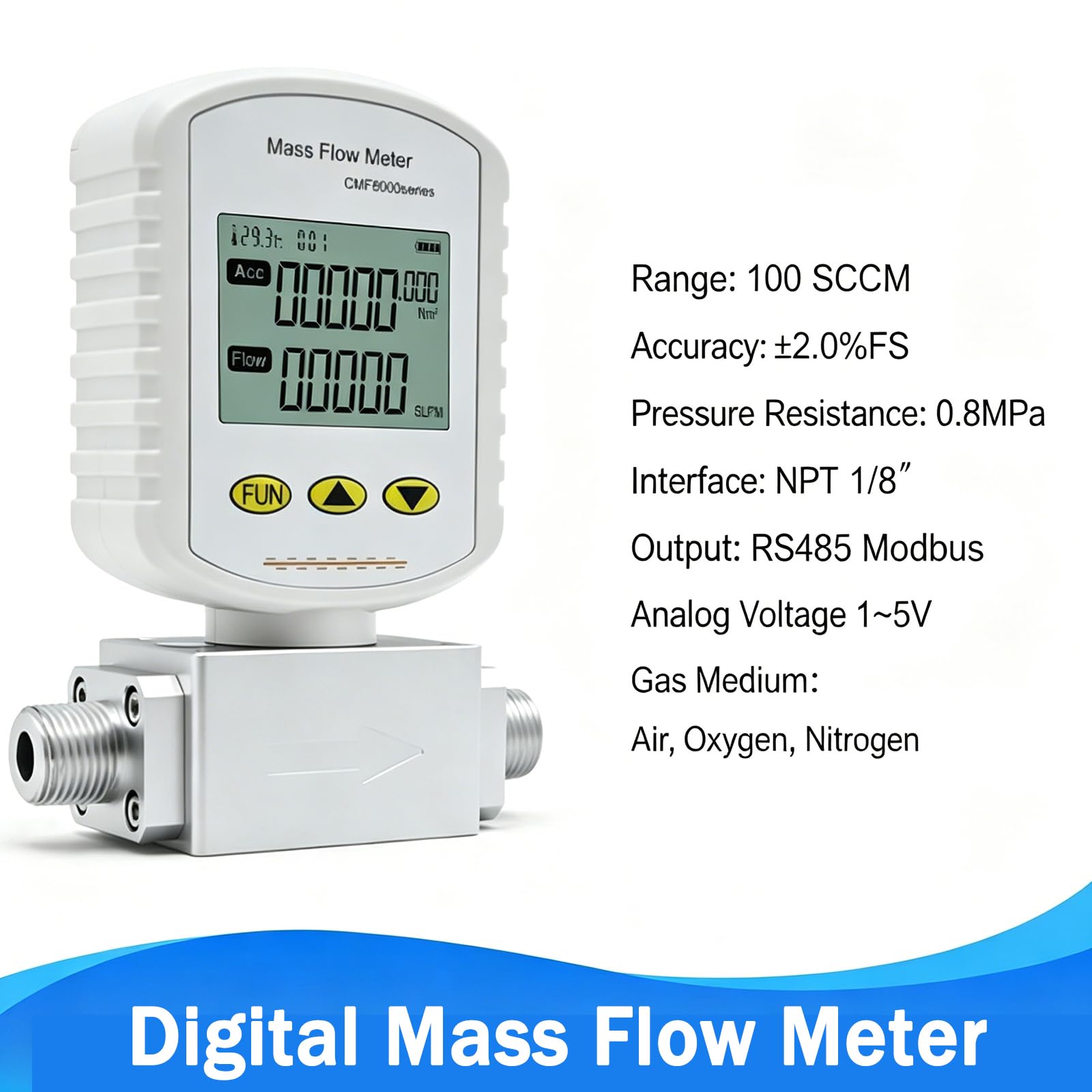 Medidor de flujo másico digital, medidor de flujo de gas de 0.12 pulgadas, medidor de flujo másico térmico digital portátil para aire comprimido, nitrógeno, oxígeno con pantalla LCD, rango de 100-10 l