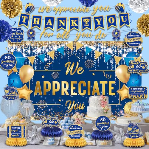 Image of We Appreciate You Decorations Blue Gold Thank You for All You Do Banner Honeycomb Centerpieces Hanging Swirls Employee Staff Appreciation Gift Pastor Teacher Doctor Retirement Appreciation Party Decor