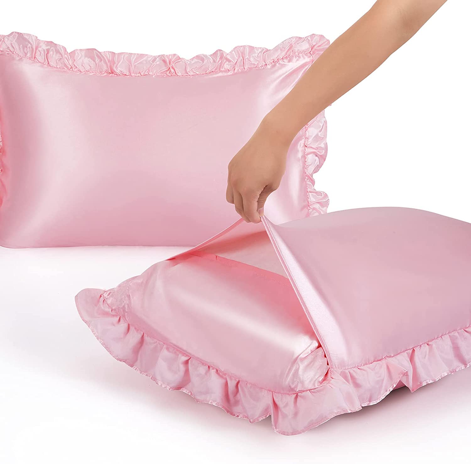 LAKULISH COLLECTION Satin Silk Pillow Covers for Hair and Skin-with Satin Scrunchies for Women Stylish |Satin Pillow Covers for Hair and Skin 2pack |Silk Scrunchies for Women 3pack (Pink) 4