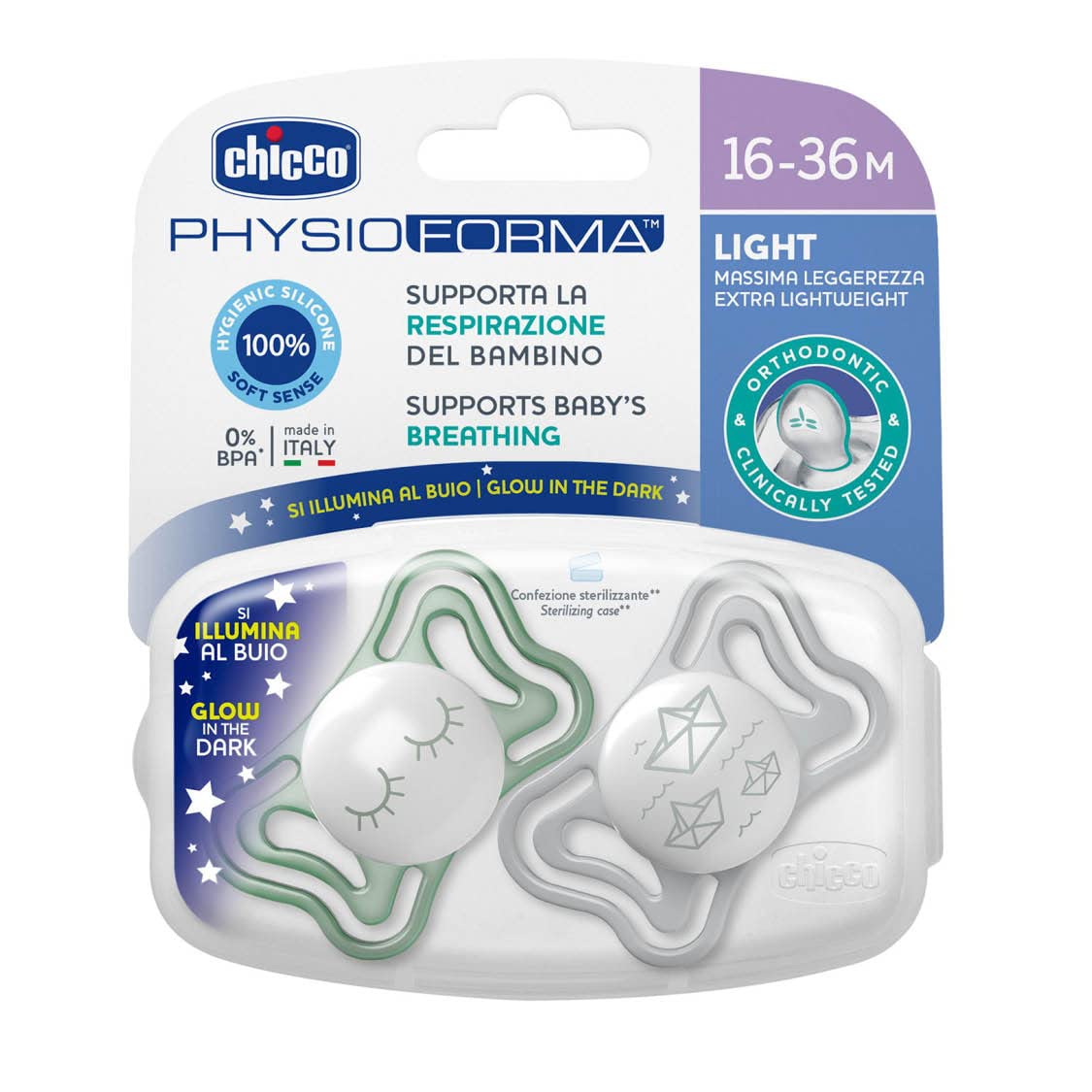 Chicco PhysioForma Light Lumi Succhietto Luminescente 16-36 Mesi Silicone 2 Pezzi