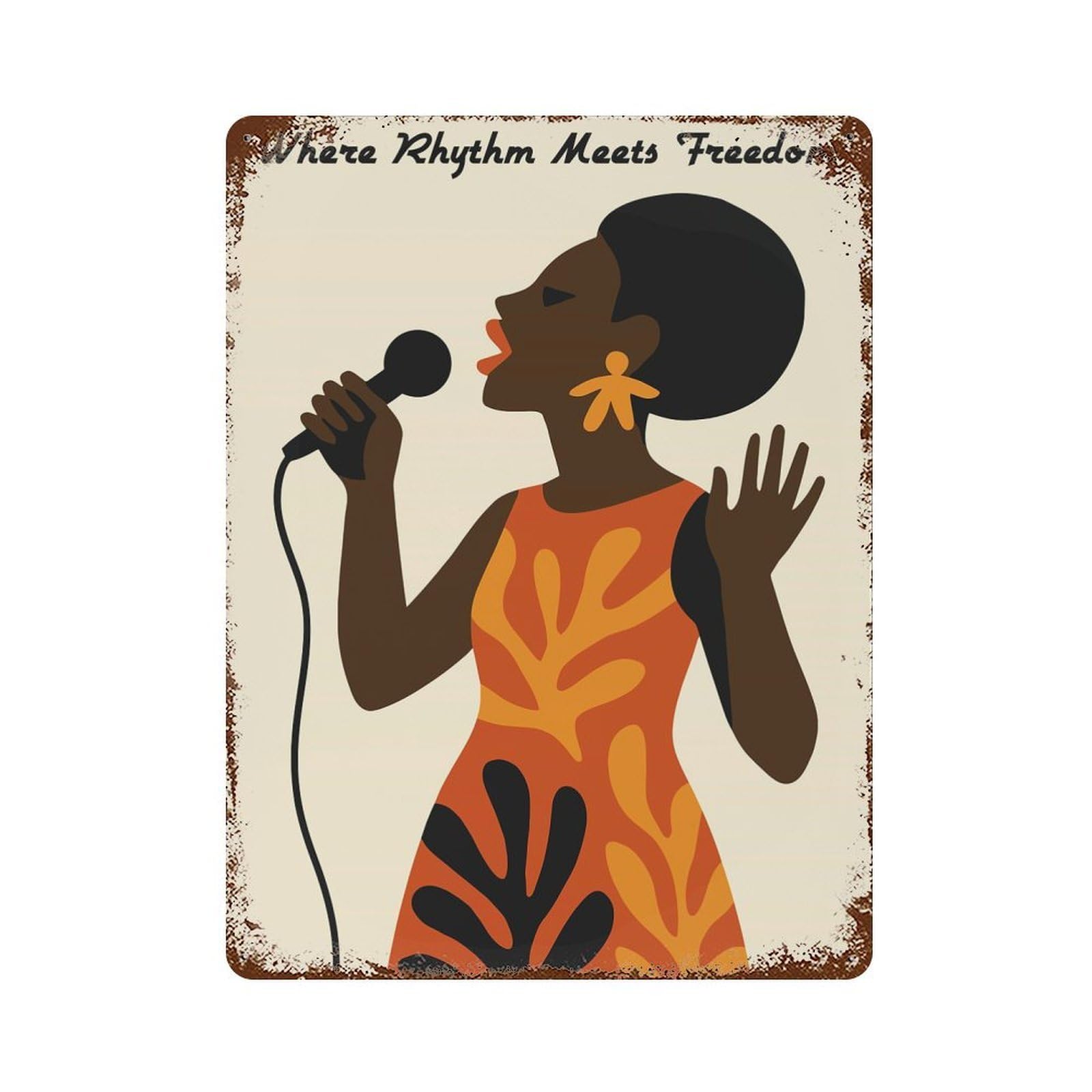 Singer with Microphone, Rhythm And Freedom 15.7"x11.8" Vintage Rust Metal Sign, Decorative Metal Wall Art for Bistro, Counter And Cafe Decor