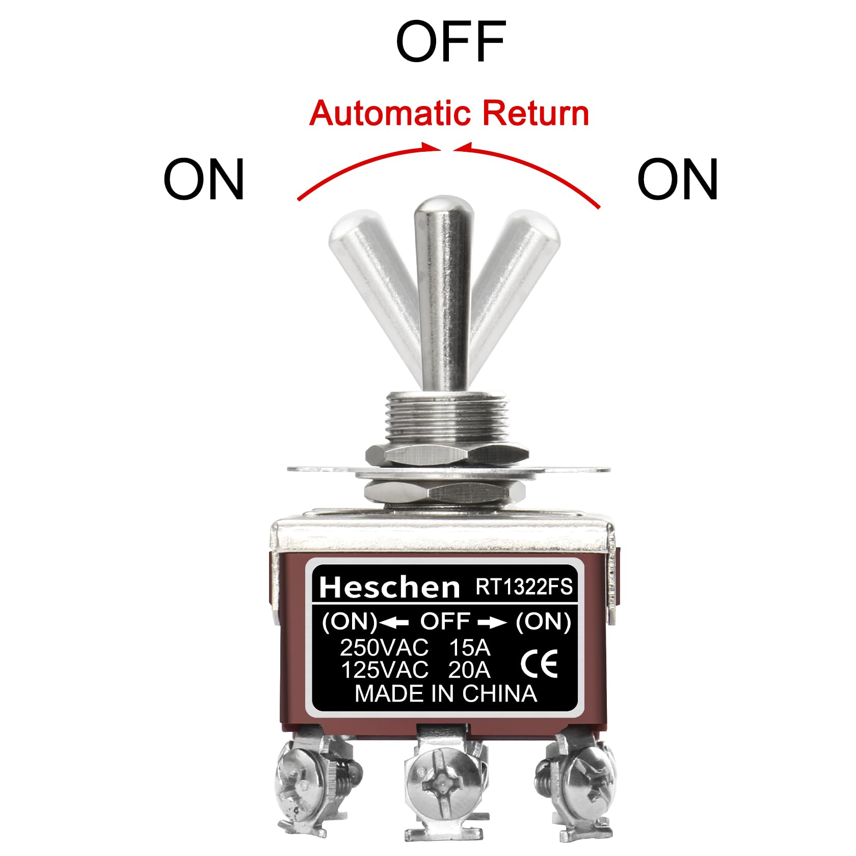 Heschen Metal Toggle Switch, RT1322FS, DPDT, Momentary Type, (ON)/OFF/(ON) 3 position, 15A 250VAC, with Waterproof Cover, CE - Image 3
