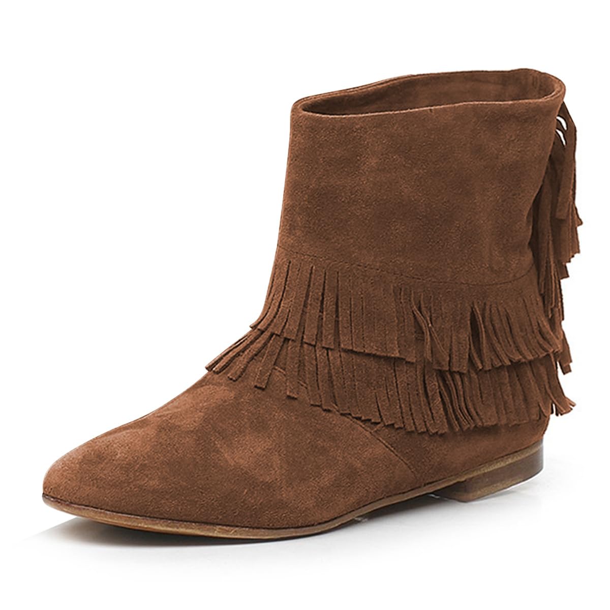 FSJ Women Retro Fringe Flat Booties Western Cowgirl Low Heel Ankle Boots with Tassel Suede Pull On Cowboy