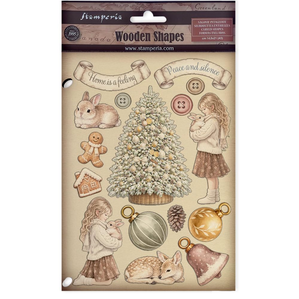 Stamperia - Coloured Wooden Shapes for Scrapbooks, Albums, Cards, Bullet Journals and More, Laser Cut, Printed for Enhanced Detail, Perfect for Hobbies, Crafts and Gifting (White Christmas) (A5)