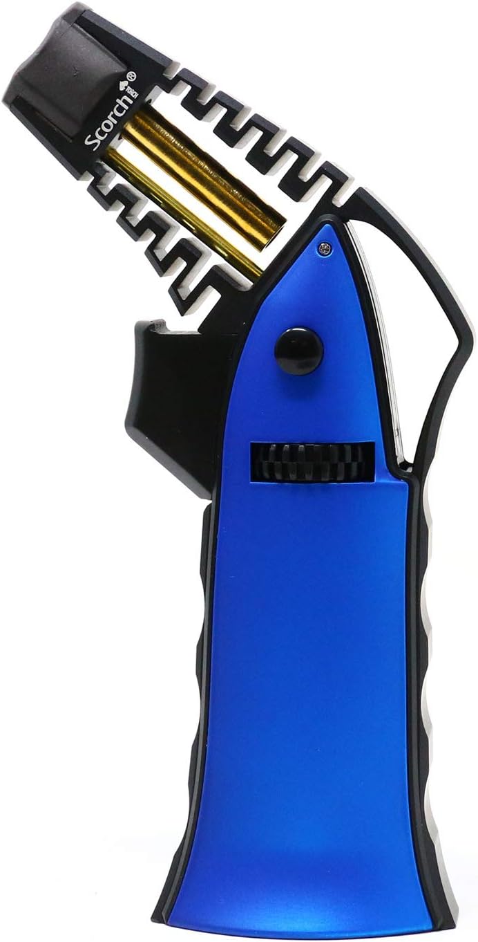 CNC Machined 6.75" Tall Handheld Aluminum Flame Adjustable Butane Refillable Torch In Gift Box (Black Blue)