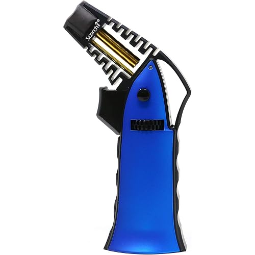 Scorch Torch CNC Machined 6.75" Tall Handheld Aluminum Flame Adjustable Butane Refillable Torch In Gift Box (Black Blue)