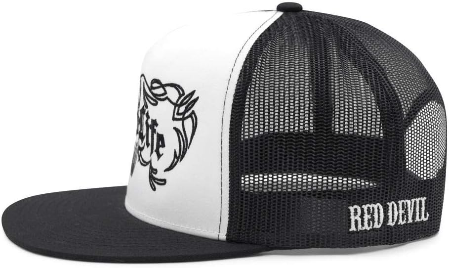 Low Life Pinstriped Trucker Cap for Men – Flat Bill 5-Panel Mesh Hat – Low Life Front Design – Adjustable Snapback – One Size Fits Most – Bold Baseball Cap (Black/White/Black)