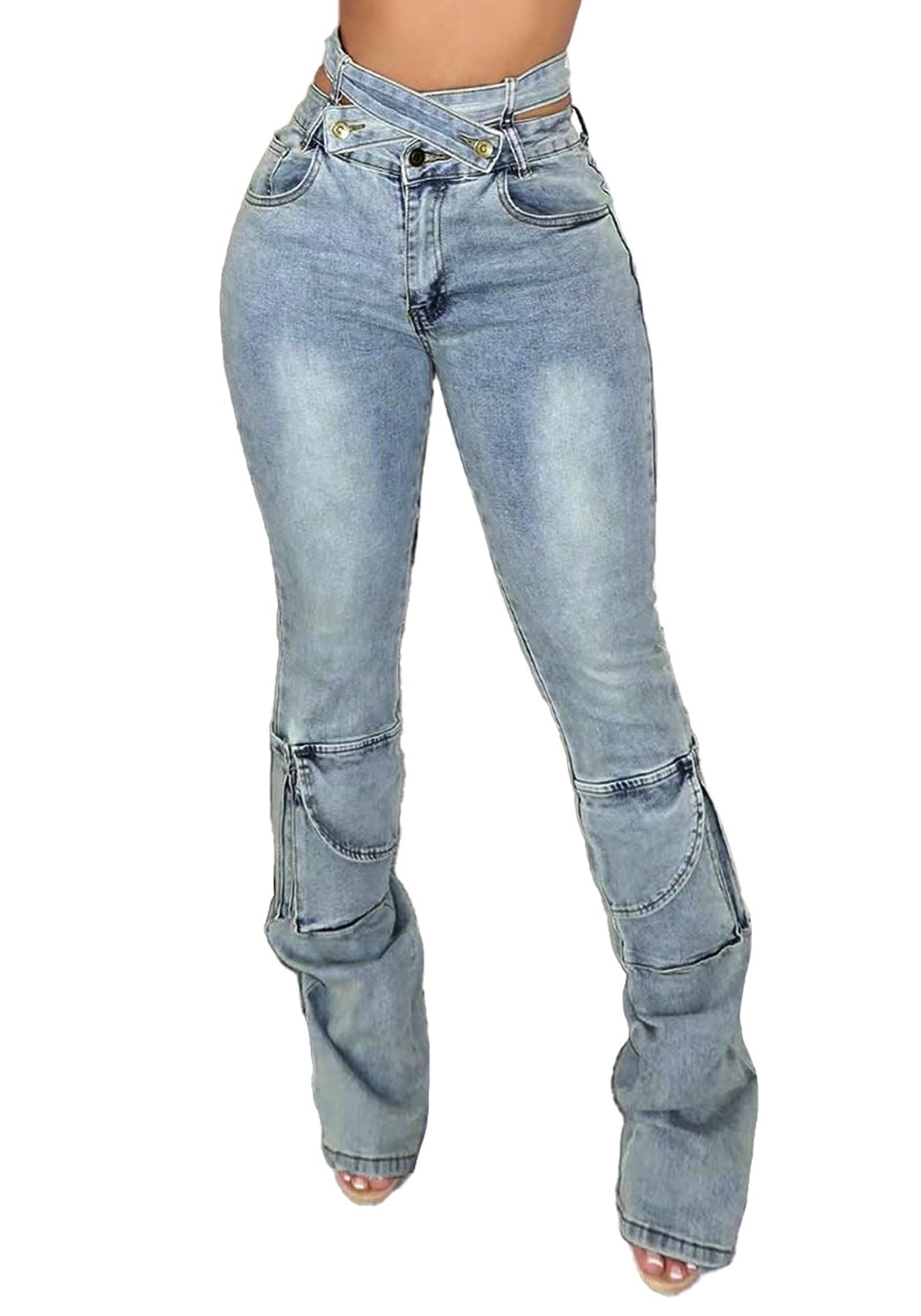 YOOTIKOWomen Sexy Skinny Stacked Jeans Butt Lifting Crossover High Waisted Stretch Cargo Jeans Y2k