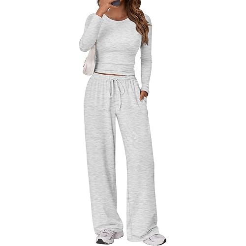 Trendy Queen Women's 2 Piece Matching Lounge Set Long Sleeve Slightly Crop Top Wide Leg Pants Casual Sweatsuit