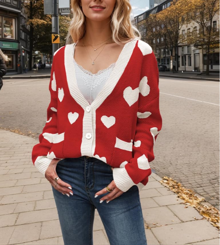 Women Cute Heart Oversized Cardigan Open Front Button Down Love Print Knit Sweater Y2k Kawaii Clothes4