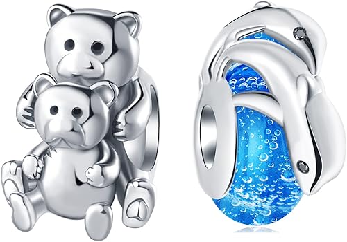 GEMDAZZ Juego de dijes para el día de la madre, pulsera de bricolaje, dije de oso madre e hijo y dije de delfín para mamá, bebé, en plata de ley