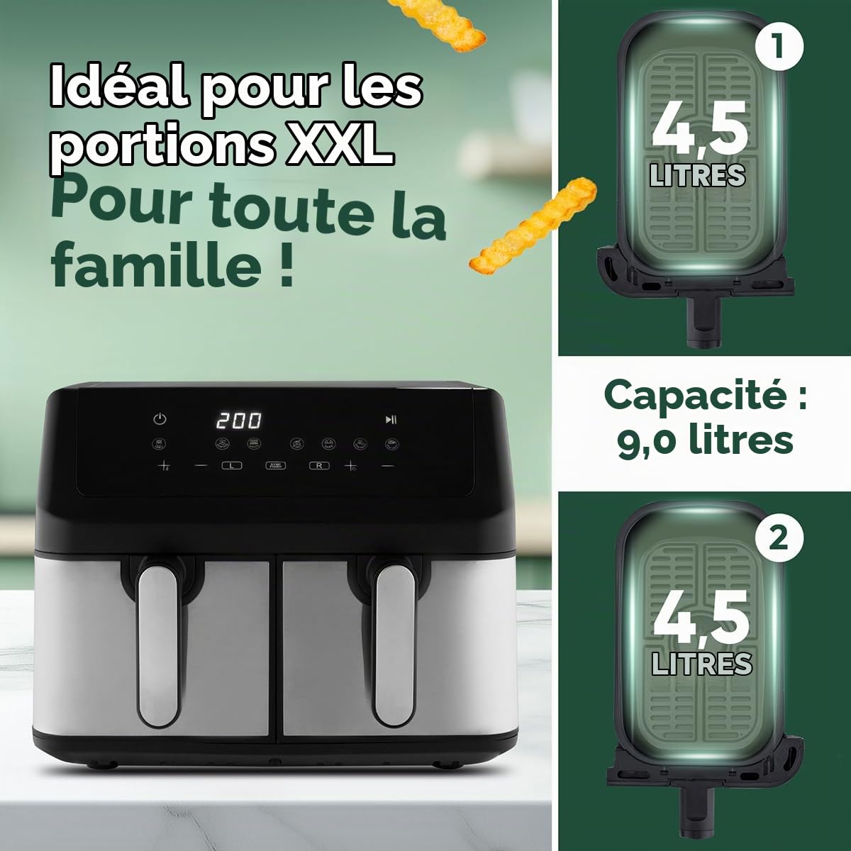 ProfiCook Friteuse à air chaud | Système de préparation simultanée | 9 litres | Friteuse à air chaud 2 compartiments | Frire sans graisse | Cuve avec anti-adhésif | Airfryer | PC FR 1296 H