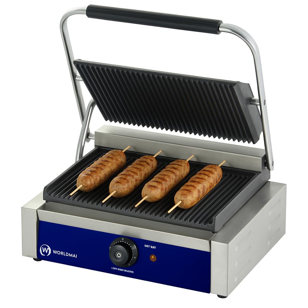 MBH – Grill Eléctrico Profesional WORLDMAI 44 x 41 cm con Placas Acanaladas para Hostelería. Plancha Sandwichera Panini de Contacto para Bar y Restaurante.