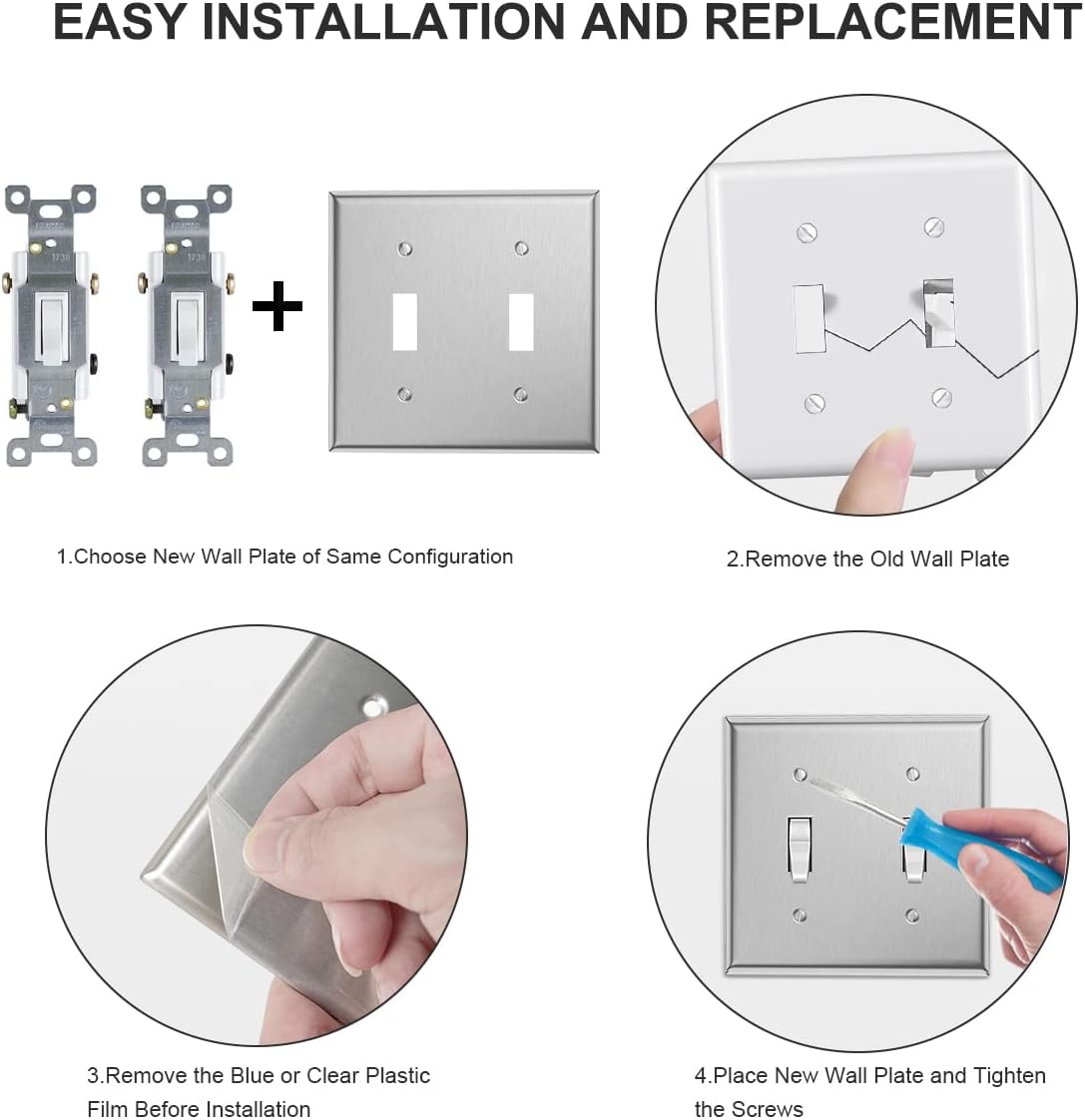 Double Toggle 2-Gang Wall Switch Plate Covers Anti-Corrosion Stainless Steel Light Switch Cover, 4.52 in H x 4.56 in L