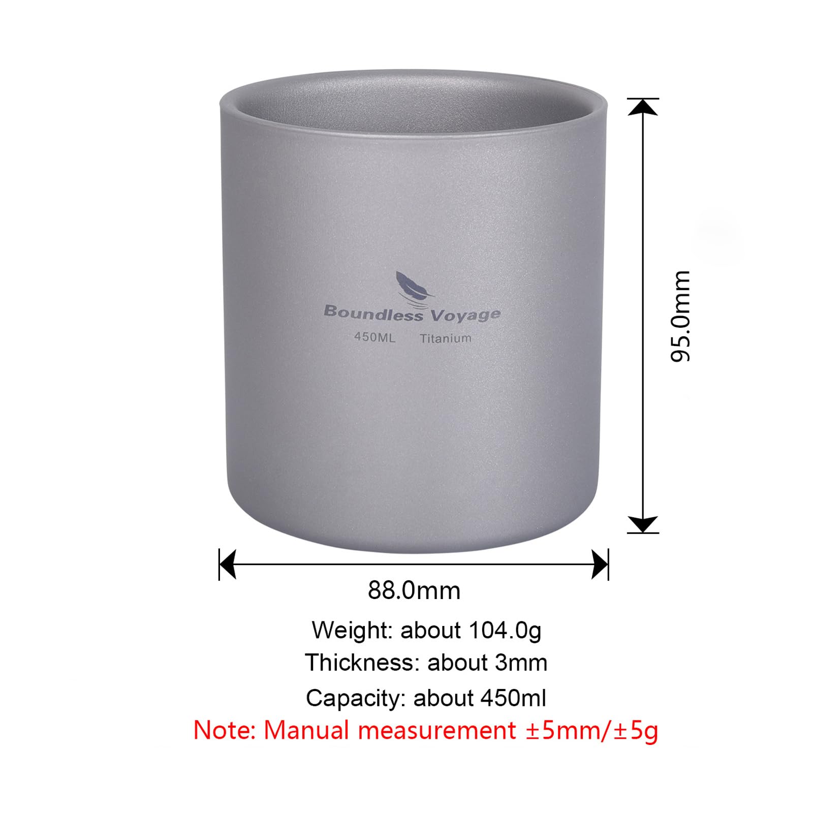 Boundless Voyage Tasse 3 en 1 en titane à double paroi 450 ml Ti3030D | Mini tasse à thé résistante à la chaleur, tasse à café, accessoires de camping