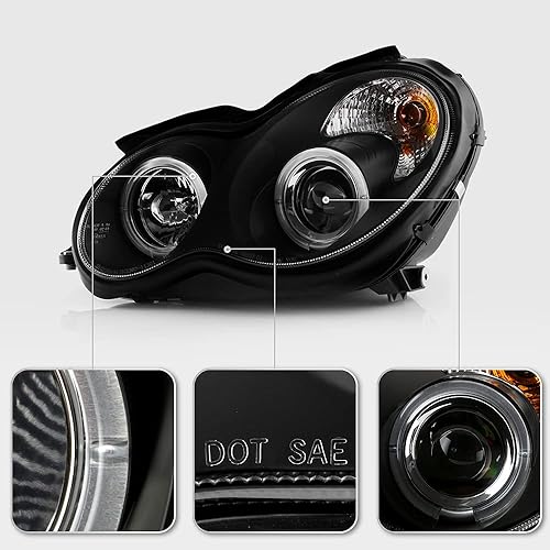 Miniatura 4 de ACANII - Para [modelo halógeno] 2001-2007 Mercedes-Benz W203 C230 C240 C320 LED Halo Negro Proyector Faros Faros Faros Negro ónice