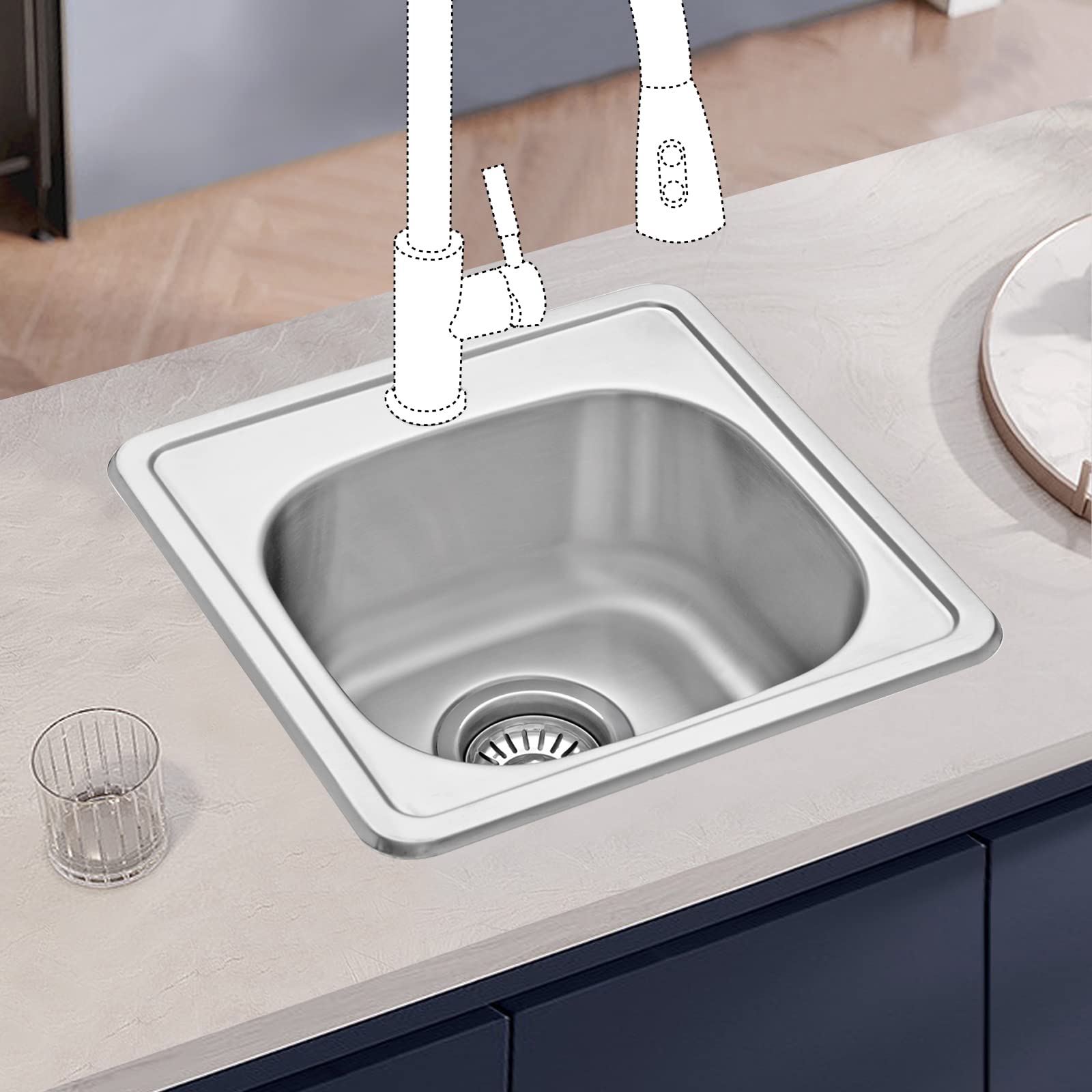 JASSFERRY Évier de cuisine encastrable en acier inoxydable 1 bac 380 x 380 mm