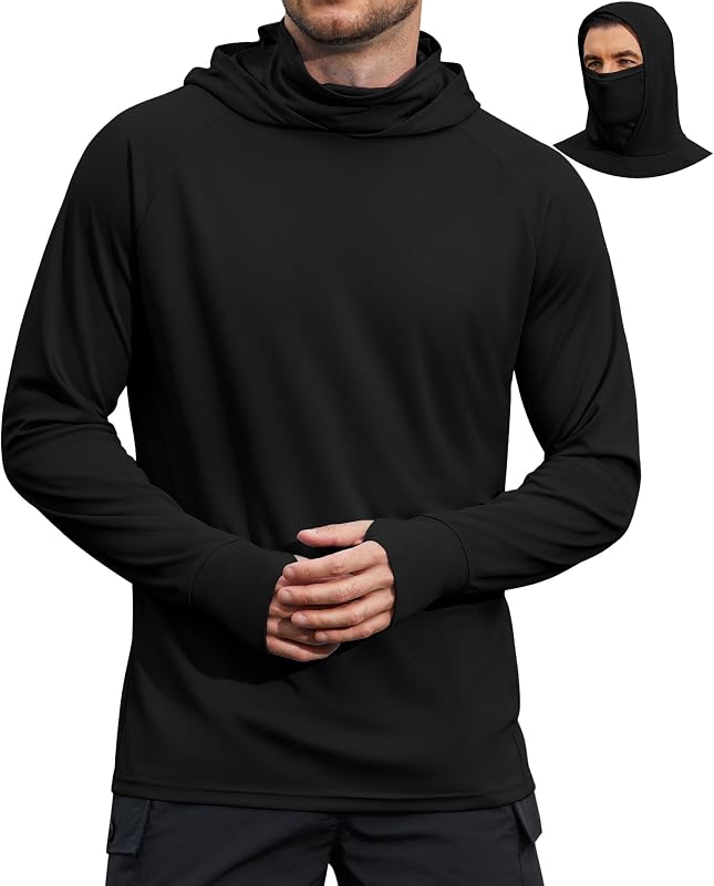 Mens UPF 50+ Sun Protection Hoodie with Mask Lightweight Long Sleeve SPF Fishing Shirts UV Hiking Running Rash Guard