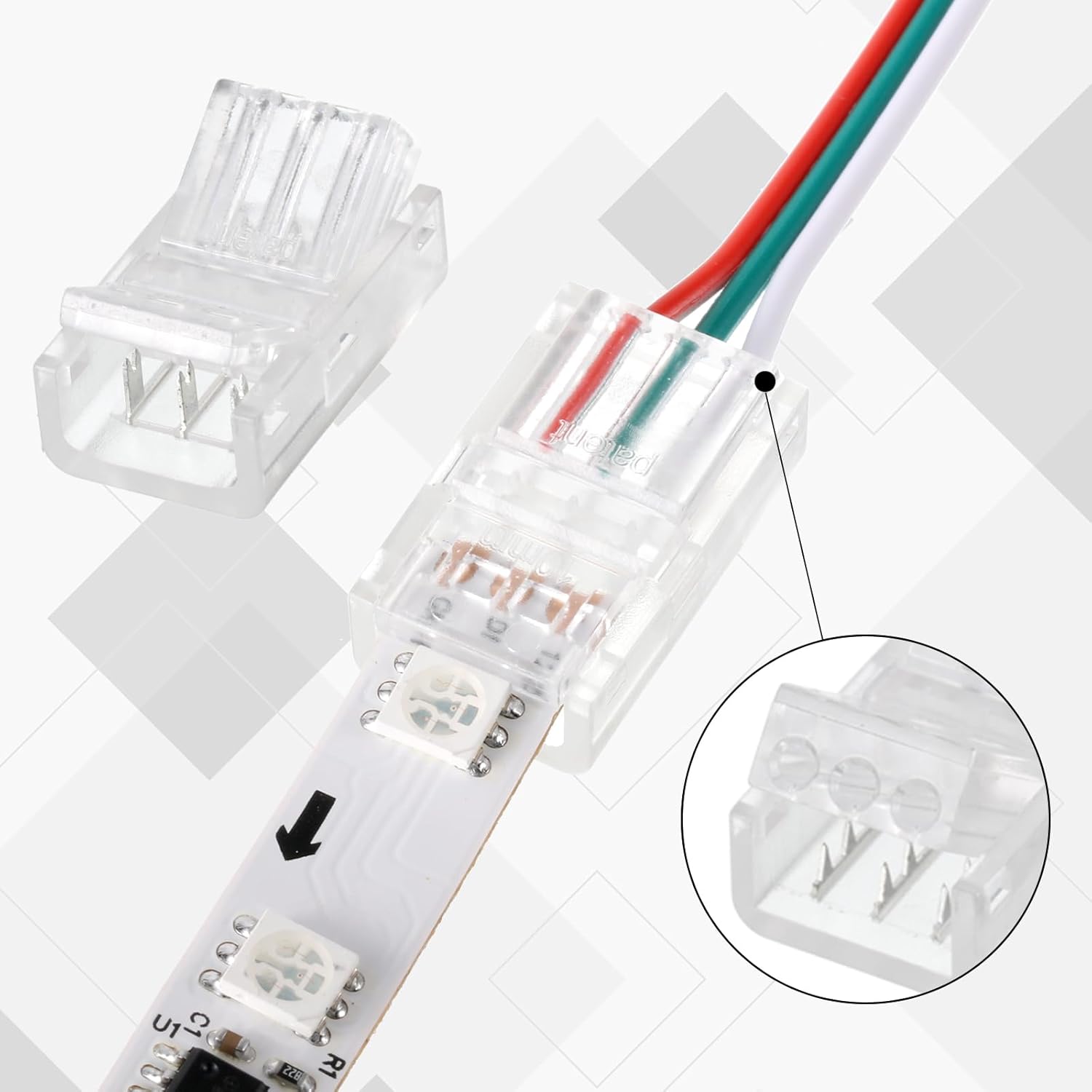 Flutesan 100 Pcs 3 Pin 10mm Solderless LED Light Strip Connectors Clear Track Lighting Connectors for 5050 RGB Strip Light