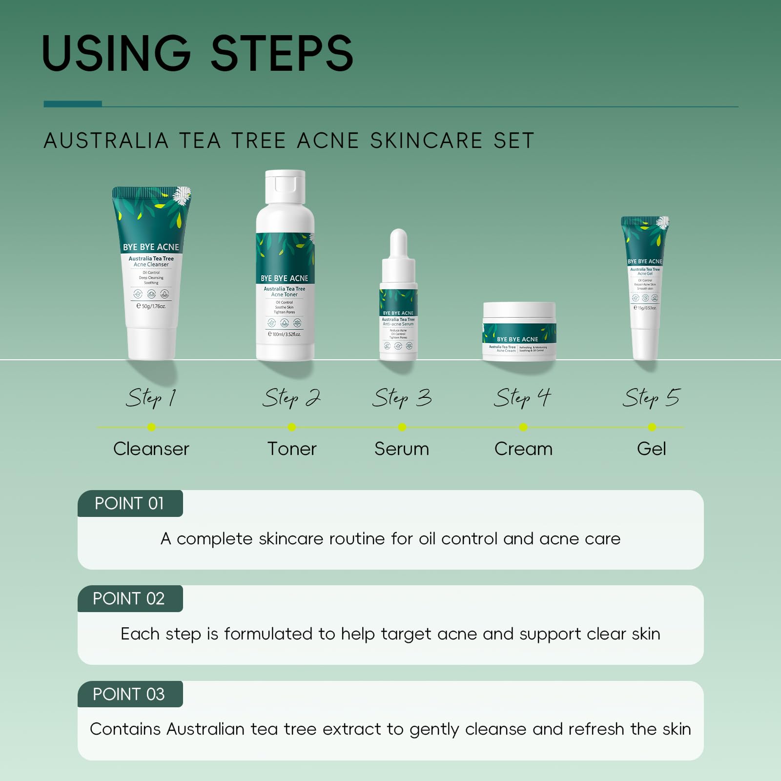 Zestaw do pielęgnacji skóry Skincare Routine Anti Trądzik, Drzewo herbaciane Zestaw do pielęgnacji skóry | 5 sztuk Rutyna Podróżna do twarzy, przeciw niedoskonałościom, oczyszczająca i kojąca, do skóry trądzikowej i trendu tłustego