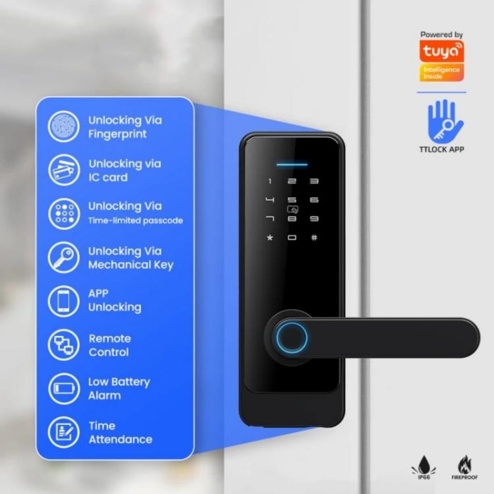 Cerradura inteligente Tuya, cerradura de puerta sin llave con huella dactilar, Bluetooth, Wi-Fi, contraseña, tarjeta IC y control remoto con llave, seguridad mejorada.,Tuyaapp