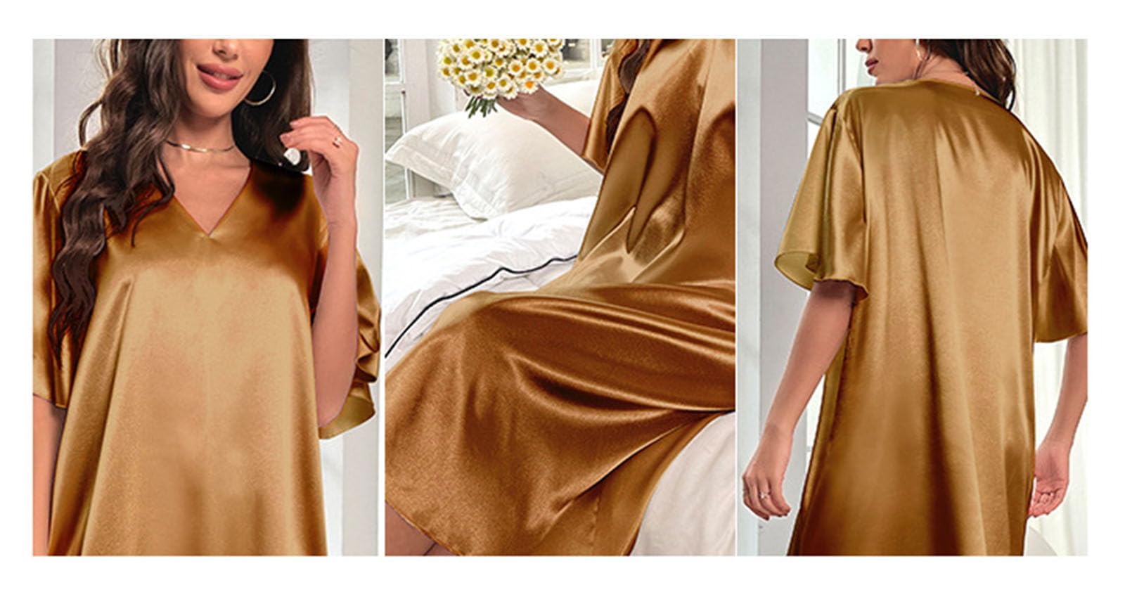 Chemise de Nuit en Soie de Simulation pour Femmes Chemise de Nuit à Manches Courtes Chemise de Nuit à col en V Chemise de Nuit